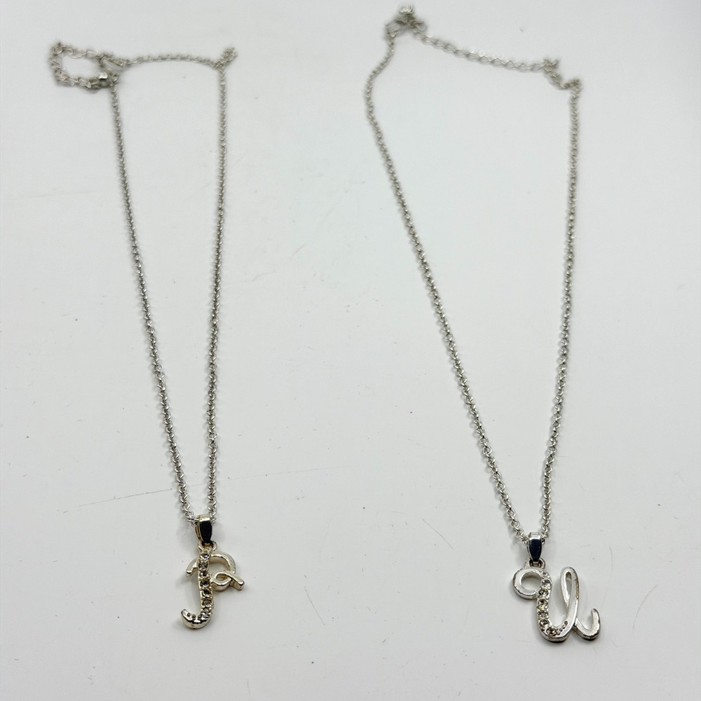 Silver Tone Initial P & U Pendant Necklace Set Rhinestone Embellish Letter Charm